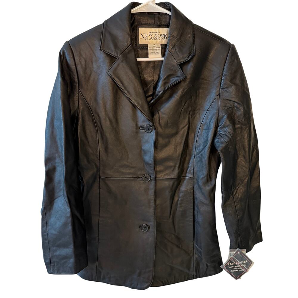 NWT New York Classics Leather Jacket Black Size M, Lamb Leather 3 Button Front